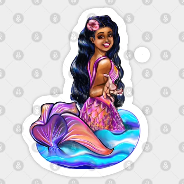 Mermaid Pacific princess  2 with rainbow coloured colored fins, hibiscus, outstretched  arm, brown eyes, Curly hair  and caramel brown skin - light background Sticker by Artonmytee